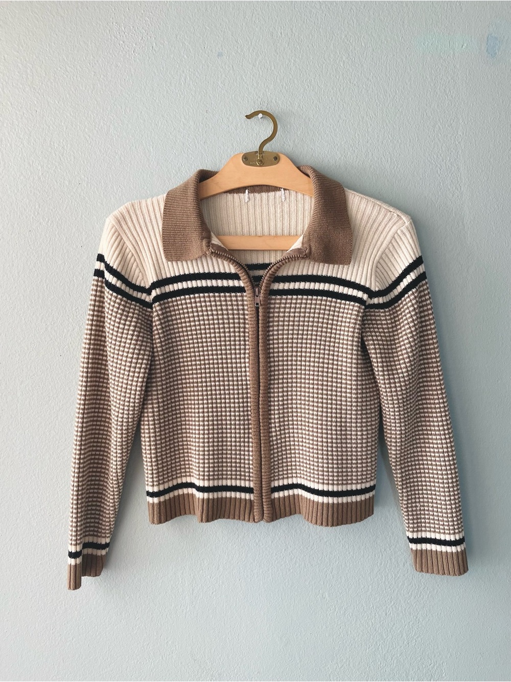 Unbranded | Vintage 70s Inspired Brown Neutrals Knit Zip-Up Sweater